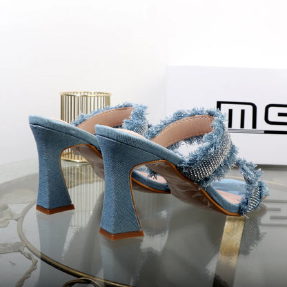 Denim women slippers 2025 new rhinestone plush stiletto heels women outdoor fashion women's slippers Luxury elegant women shoes