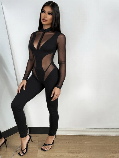 Sisterlinda Patchwork Jumpsuits Women High Neck Zipper Long Sleeve See Through Stretch Skinny  Midnight Coquett Party Clubwear
