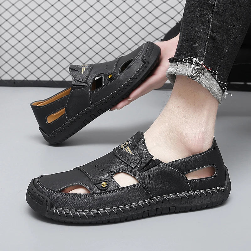 Mens Walking Shoes Summer Breathable Leather Hand Sewn Minimalist Baotou Flat Shoes Soft Elastic Daily Casual Male Sandalia