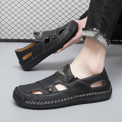 Mens Walking Shoes Summer Breathable Leather Hand Sewn Minimalist Baotou Flat Shoes Soft Elastic Daily Casual Male Sandalia