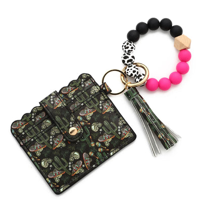 Bull Silicone Beads Bracelet Pu Leather Purse Leopard Print Tassel Cow Wallet Keychain Silicone Beaded ID Card Holder Keychain