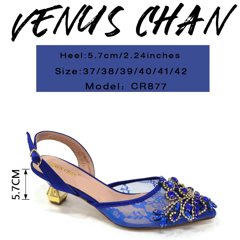 Venus Chan Nigerian Elegant Lace Net Style Green Crystal Low Heel Shoes And Three-Dimensional Mini Bag Commuter Women's Shoes