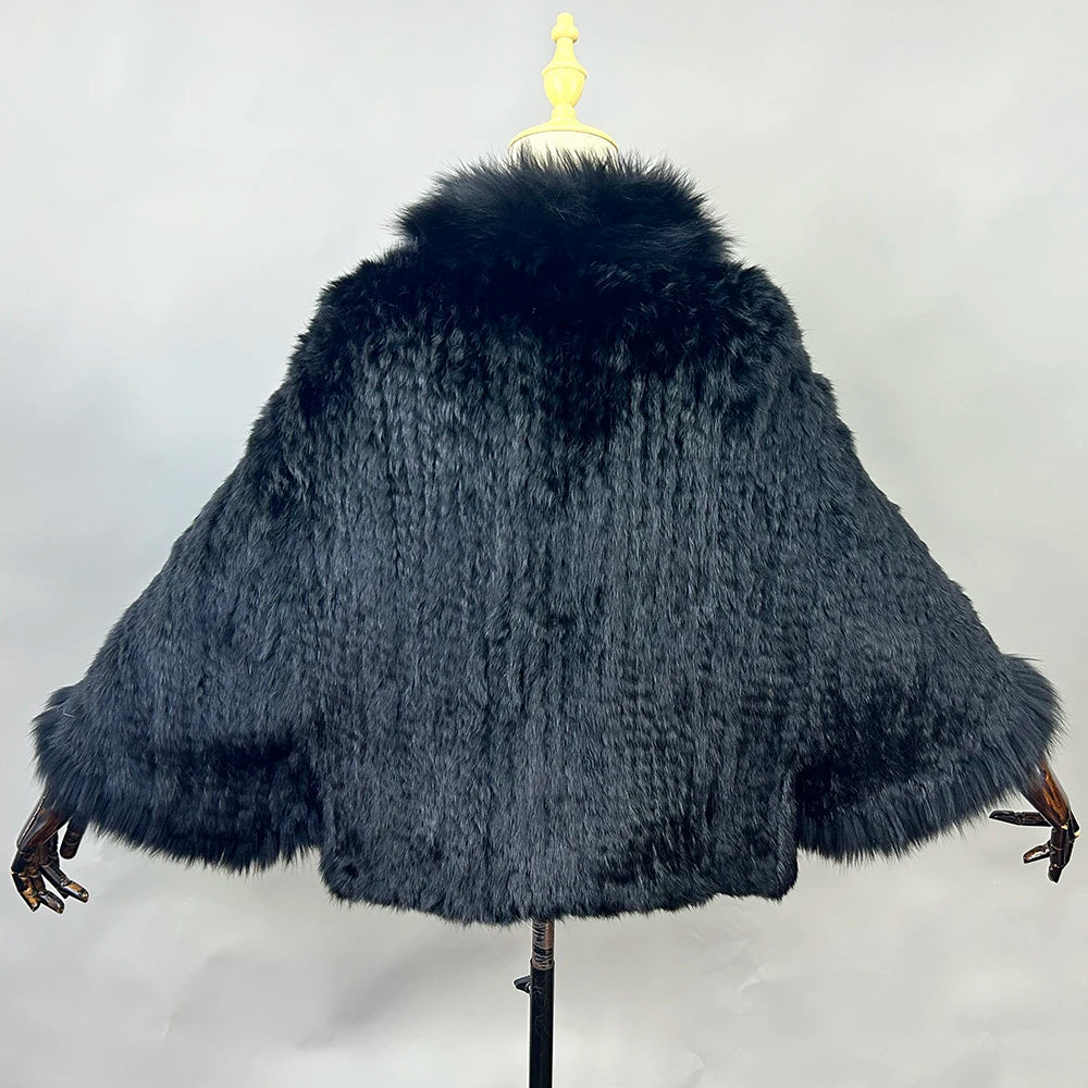 New Real Genuine Natural Knitted Rabbit Fur Shawl Coat With Fox Fur Collar Women's Fashion Knit Jacket Cape