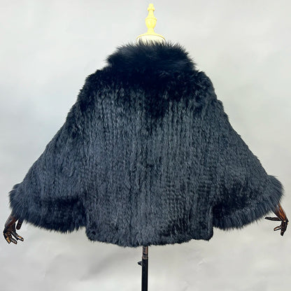 New Real Genuine Natural Knitted Rabbit Fur Shawl Coat With Fox Fur Collar Women's Fashion Knit Jacket Cape