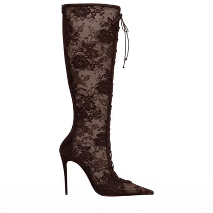 2026Spring and Summer Pointed Black Mesh Fine High Heels Knee Length Cool Boots Embroidered Lace Up Party Wedding Women's Boots