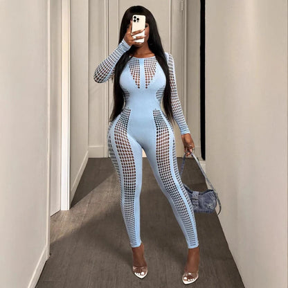 2026 Spring Autumn Woman Jumpsuits Playsuits Sexy Clothing Clubwear Long Sleeve Hollow Out Mesh See Through Fitness Jumpsuit