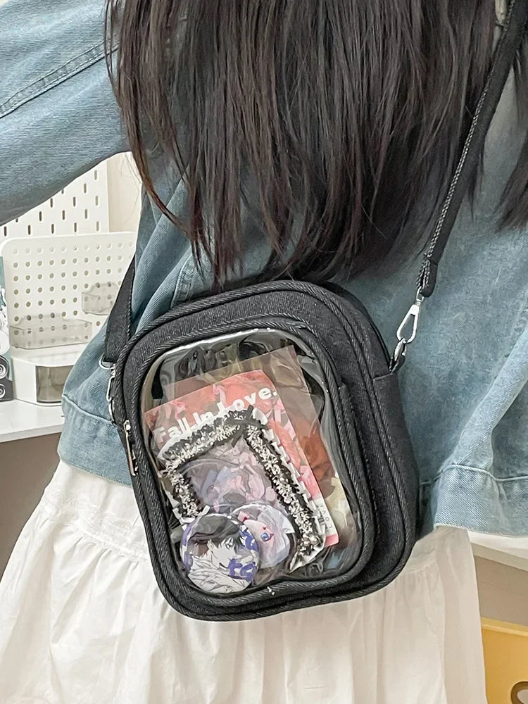 New Denim Ulzzang Ita Bags Female Transparent Badge Doll Show Crossbody Shoulder Bag Individuality Designer 2 Sides Bolso Mujer
