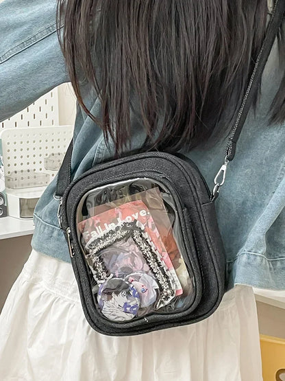 New Denim Ulzzang Ita Bags Female Transparent Badge Doll Show Crossbody Shoulder Bag Individuality Designer 2 Sides Bolso Mujer