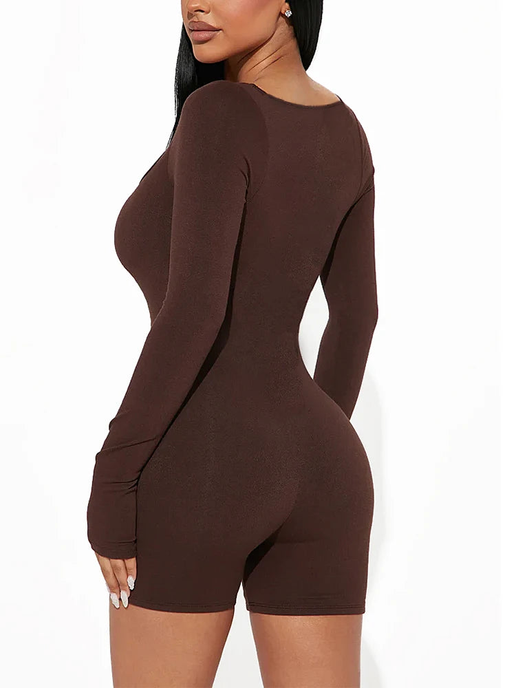 Fashion Long Sleeve Bodycon Jumpsuits for Women Short Pants Jumpsuits Rompers Crew Neck Sexy Tights One Piece Playsuit Romper