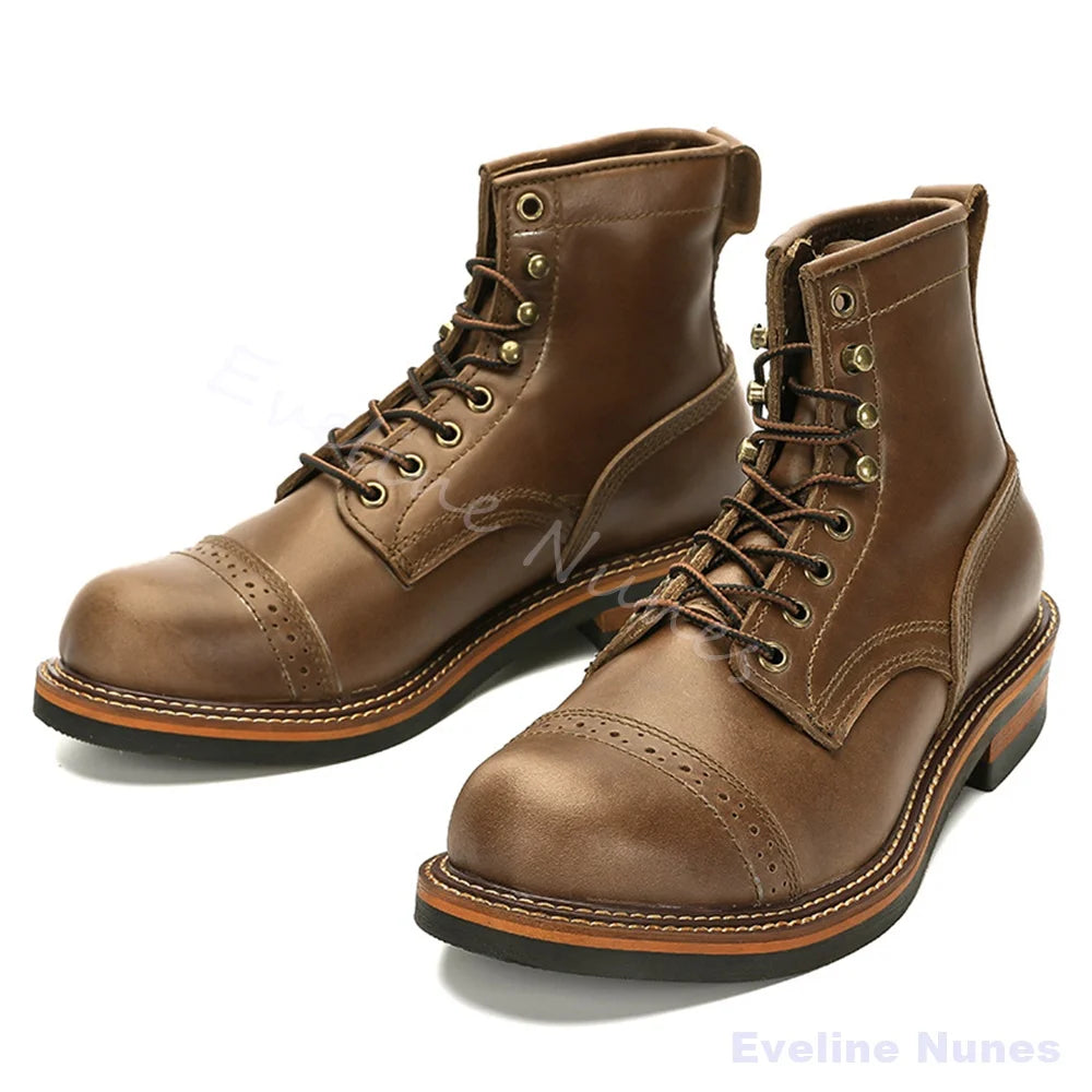 Brogue Cap‑Toe Non‑Slip Combat Boots Men Genuine Leather Lace‑Up Motorcycle Boots Casual Thick Outdoor Daily Retro Work Boots