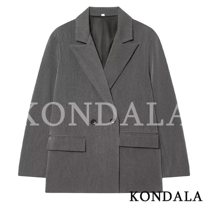 KONDALA Elegant Commute Double-breasted Blazer Women Vintage Brown Buttons Blazer 2026 Spring Summer Trendy Office Lady Blazer