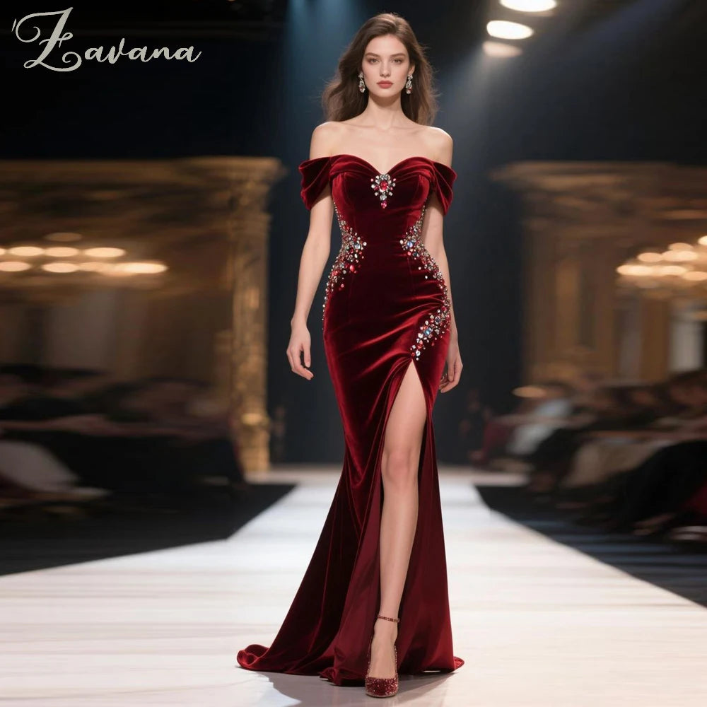 Zavana Classic Velvet Evening Dress with Slit Rhinestones Pleat Trumpet Off Shoulder Formal Party Robes De Soiree Customized