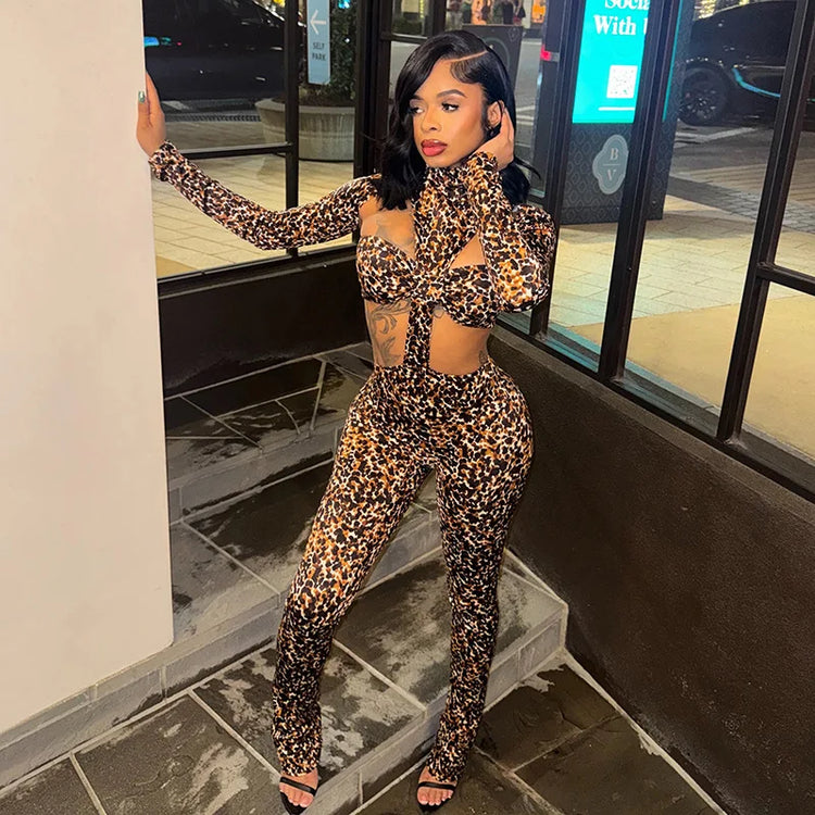 Leopard Print Straight Pants Slim Fit Jumpsuits Women Trend Sexy Strapless Patchwork Turtleneck Full Sleeve Club Party Overalls