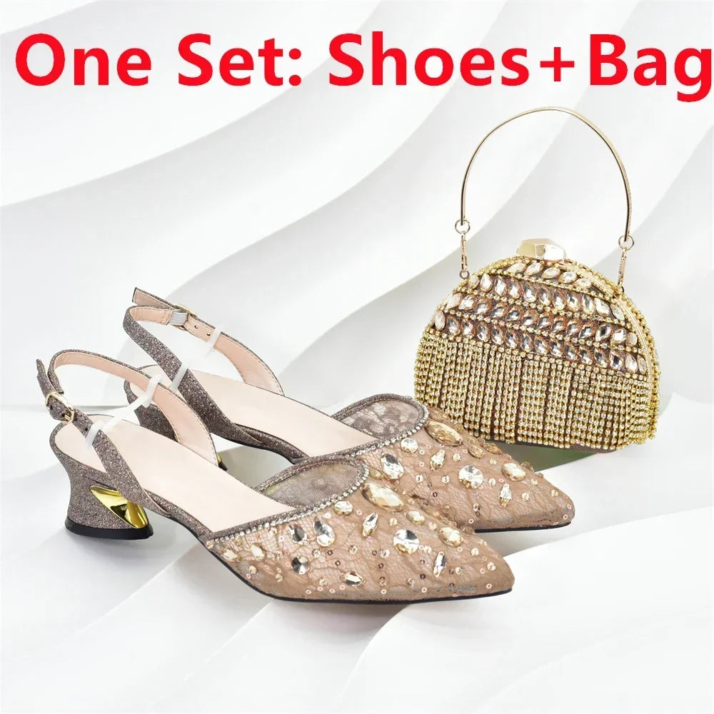 New Arrival African Wedding Shoes and Bag Set with Rhinestone Italian Design Shoes with Matching Bags Nigerian Lady Party Pumps