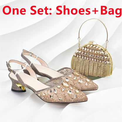 New Arrival African Wedding Shoes and Bag Set with Rhinestone Italian Design Shoes with Matching Bags Nigerian Lady Party Pumps
