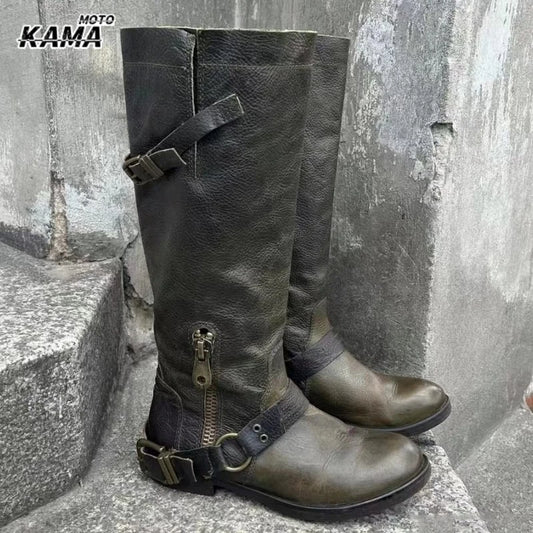 Retro High-Top Knight Boots Women's Autumn Dark Green Belt Buckle Patchwork Denim Boots Thick Heel Medium Heel Folded Over Boots