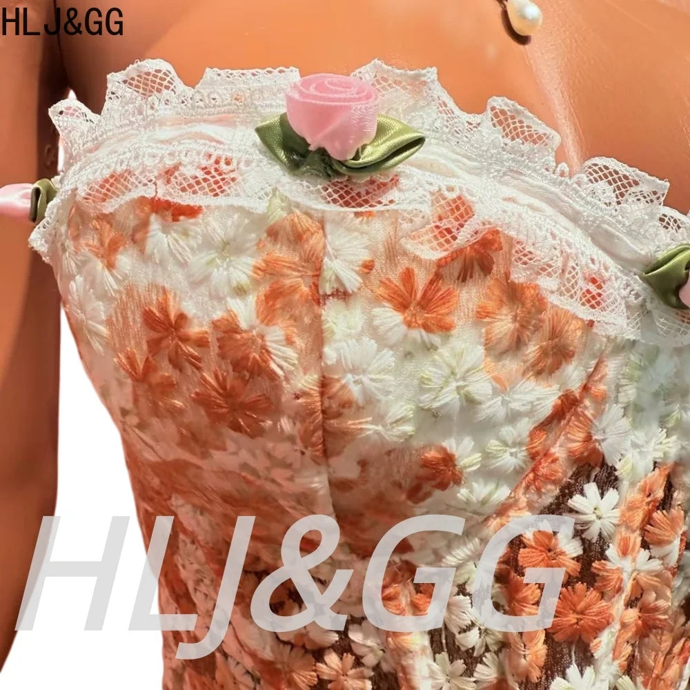 HLJ&GG Sweet Lace Flower Embroidery Corset Two Piece Sets Women Off Shoulder Bandage Slim Top And Tassel Mini Skirts Streetwear