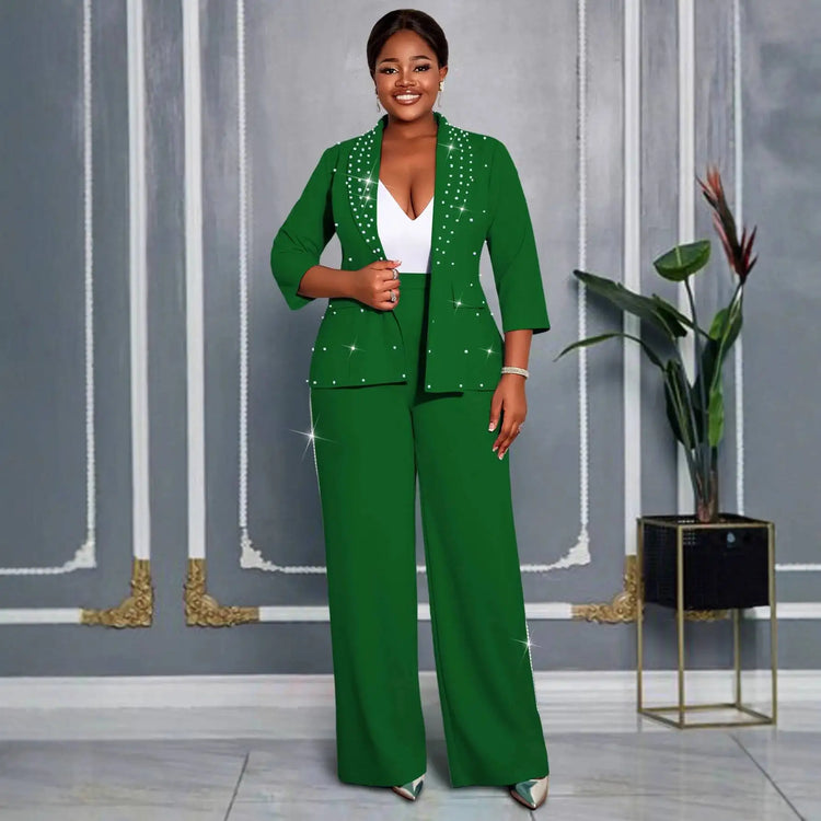 Plus Size Women's Green Beaded Blazer Suit Three-quarter Sleeve Top + Wide-leg Pants Elegant Two-piece Set Casual Y2K Two Piece