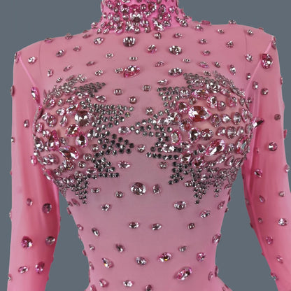 Shiny Crystals Pink Mesh Jumpsuit Sexy Feather Designe Birthday Jumpsuit Club Singer Event Performance Costume Stage Wear Guibin