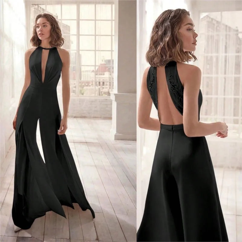 White/Black Halter Neck Backless Jumpsuits For Women Elegant Lace Trim Wide Leg Jumpsuit Wedding Bridesmaid Evening Party Prom
