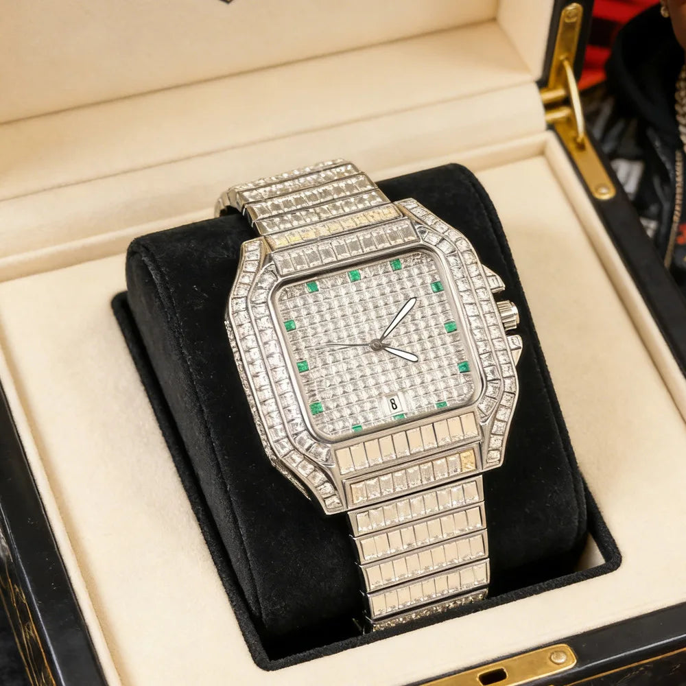 Silver Square Diamond Quartz Watch Men Luxury Brand Stainelss Steel Fashion Timepiece Novelty Design Ice Out Bling AAA Watch