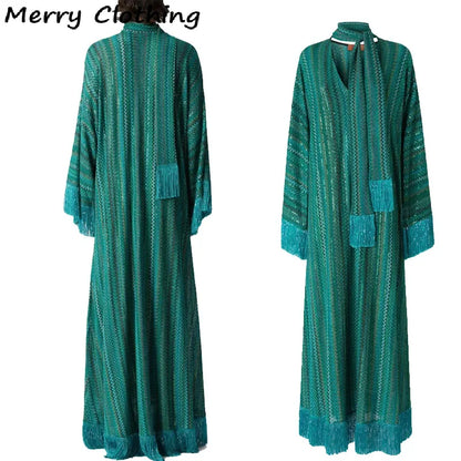 Elegant Tassel Hem Maxi Dress Women V-neck Long Sleeve with Scarf Loose Dresses 2026 NEW Spring Luxury Lady Party Evening Gowns