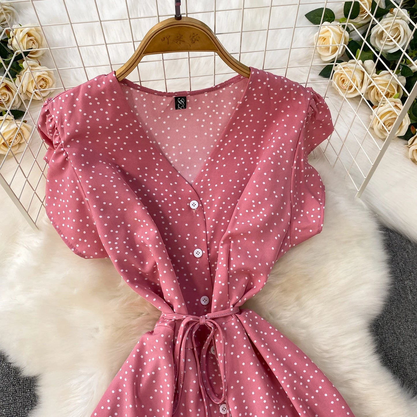 Summer Women Polka Dot Long Dress Vintage V-Neck Flying Sleeve High Waist Single Breasted A-Line Casual Vestidos Female Robe New