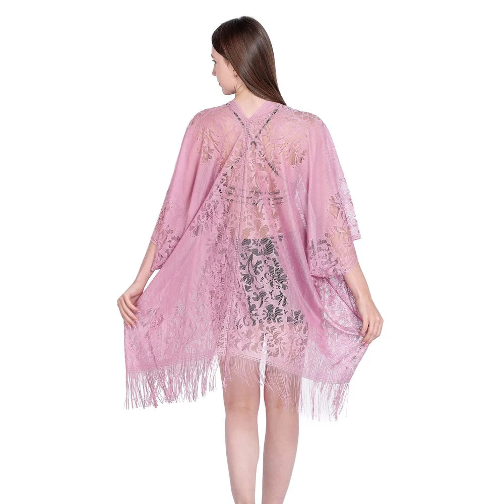 Women Sun Protection Shawl Lady Summer Hollow Out Lace Cardigan Holiday Bikini Blouse Breathable Beach Cape Sexy Long Tippet