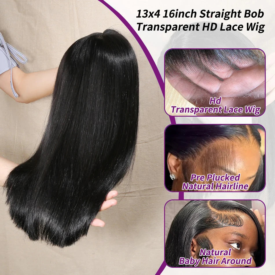 220% Density Straight 13x4 Lace Frontal Short Bob Wigs 100% Human Hair 4x4 Lace Closure Wig Virgin Bob Wigs #1B Natural Black
