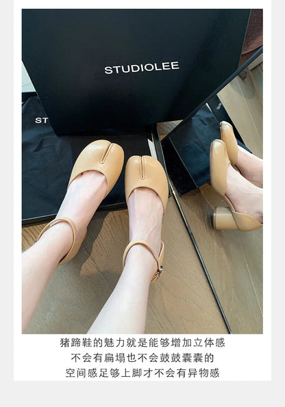 Modern Heels Pumps Women Round High Heel Leather Square Split Toe Pumps Shoes Spring Summer Sandals Mary Janes Shoes Heels Women
