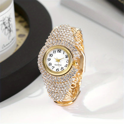 5PCS Luxury Diamond Watch Necklace Earrings Ring Set Fashion Women Crystal Bangle Quartz Wristwatch Jewelry Gifts（Without Box）