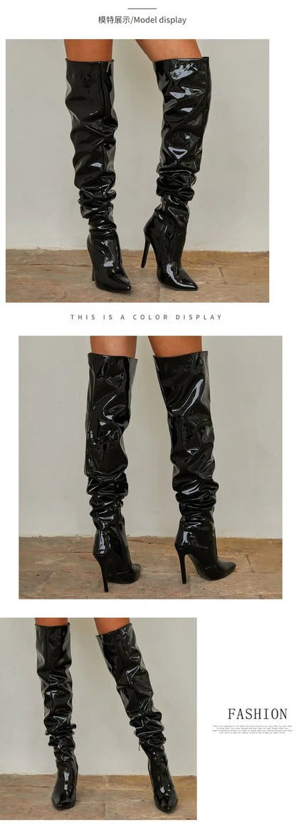 Over-the-knee Boots Women Fashion Pointed Toe Black Side Zipper Thin High Heels Female Shiny Pleated High Heel Botas 2024