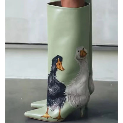 Women Cute Duck Print Light Blue Knee High Stiletto Boots Pointed Toe Printing Long Boots Fashion Party Shoes Botas Mujer