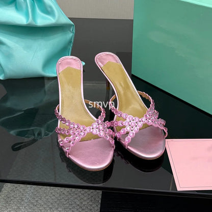 Summer 2026 Women's Pink Crystal High Heels Diamond-Encrusted Slim Heel Sandals for Outdoor Weddings Parties Fashionable Ladies'