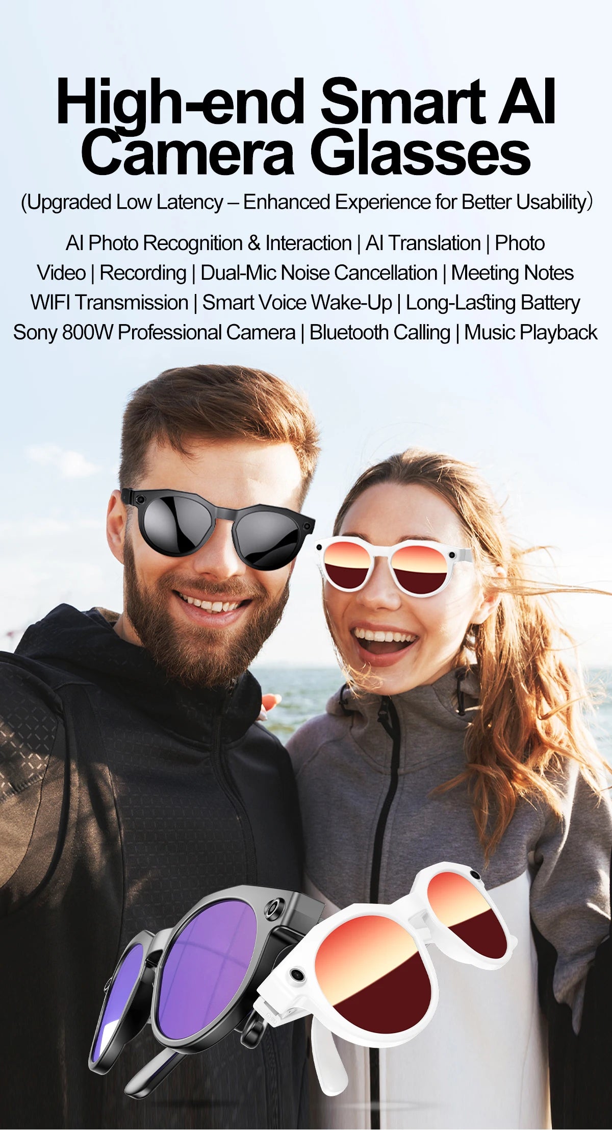 2026 New AI Smart Glasses 8MP Camera 1080P Video Shooting Real-time Translation SI BT Call Music Play Voice Recording Sunglasses