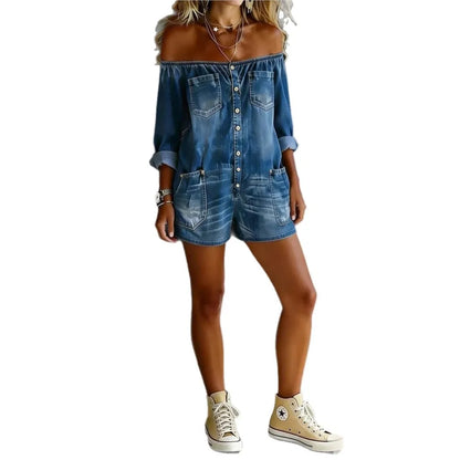 Summer Sexy Off-Shoulder Denim Jumpsuit Fashion Long Sleeve Button Rompers Casual Loose Vacation Women's Jumpsuit (With Pockets)