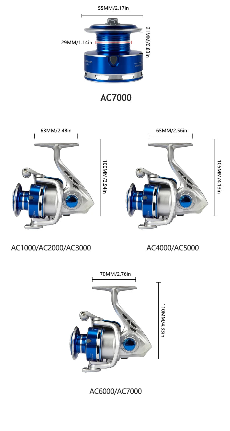 BILLINGS AC Spinning Fishing Reel,10KG Max Drag,Metal Spool,5.2:1 Gear Ratio,for Freshwater Saltwater,Fold Rocker Easy Carry