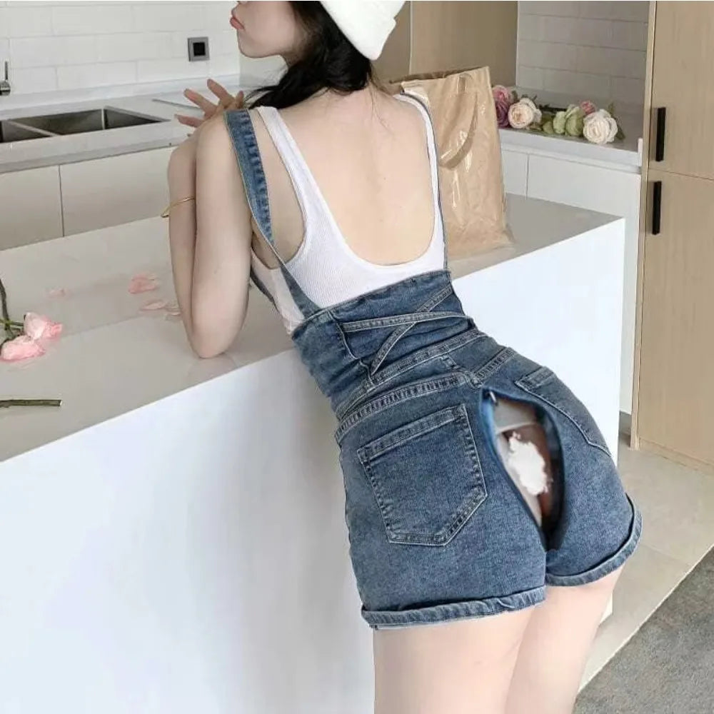 Open Crotch Outdoor Sex Pants Women Adjustable Strap Button Shortalls Ripped Jeans Short Denim Jeans Overall Jumpsuit Rompers