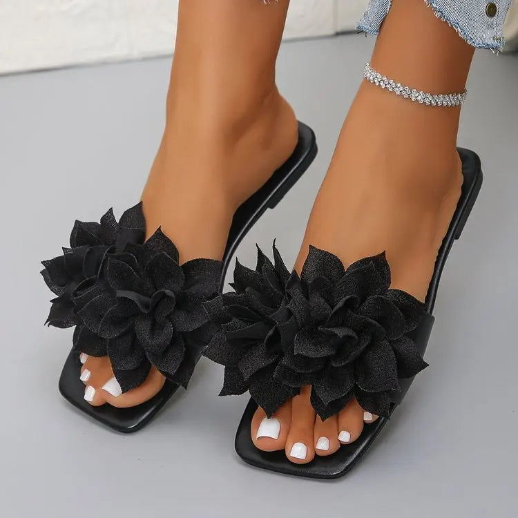 Women Flat Slippers 2026 Summer New Solid Color Sandals Flowers Open Toes Slippers Casual Fashionable Beach Shoes Slides Women
