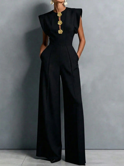 Women's Jumpsuits & Rompers, Black Sleeveless Wide Leg with Decorative Buttons, Tailored Formal Evening Outfit