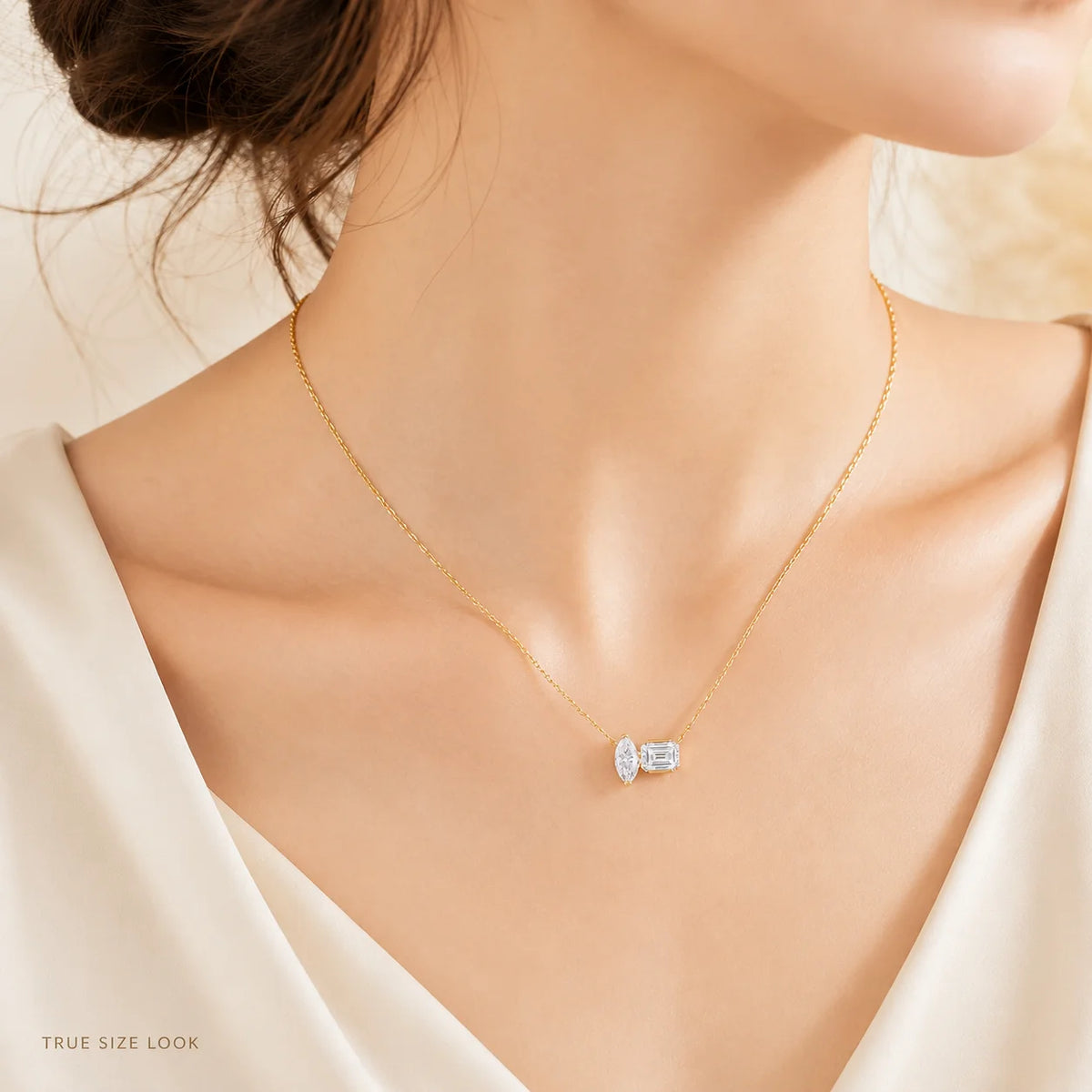 Moissanite Toi et Moi Necklace for Women S925 Sterling Silver 18K Yellow Gold Plated Marquise Emerald Cut Two Stone D Color VVS1