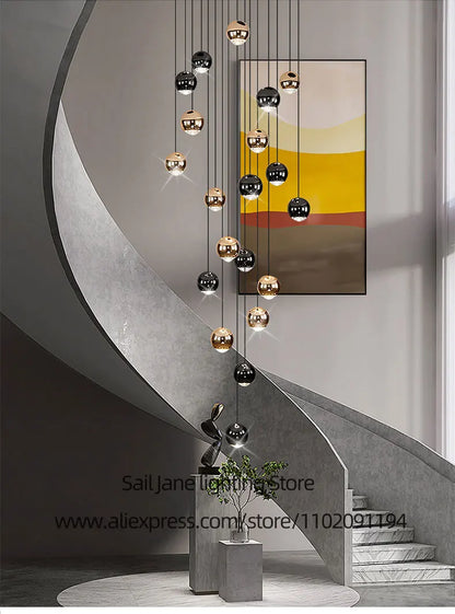 Nordic Circular Chandelier Indoor Lighting Modern Chandelier Gold And Black Mixed High Loft Chandelier LED Staircase Chandelier