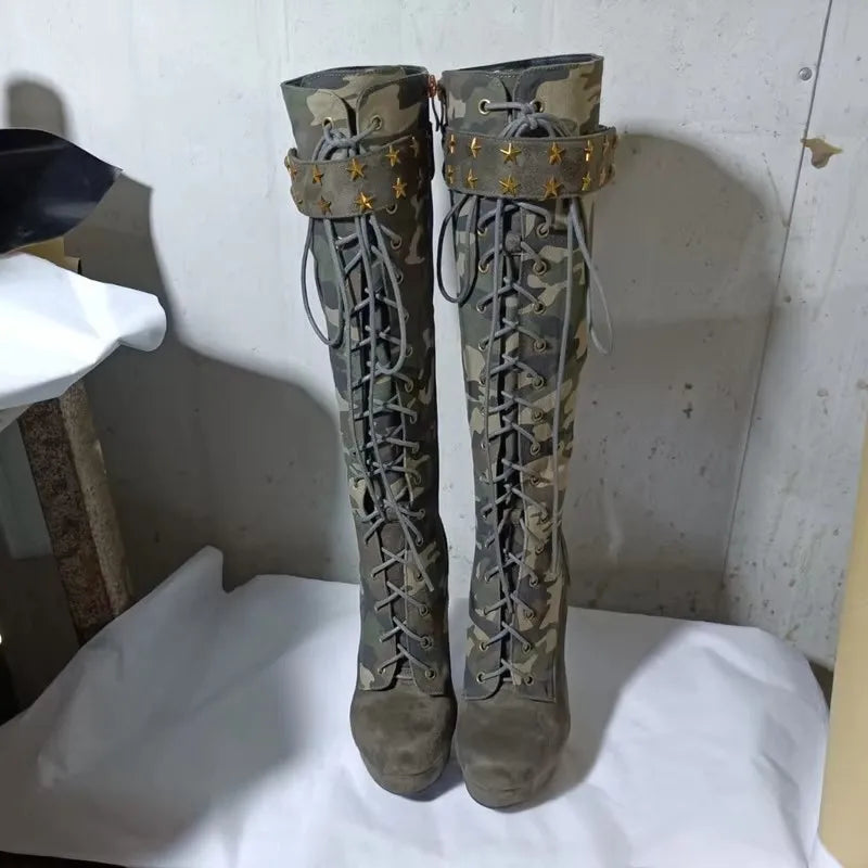 SHOFOO Sexy women's high heels boots Camouflage cloth boots Knee high boots About 12.5cm heel height Fashion show banquet boots