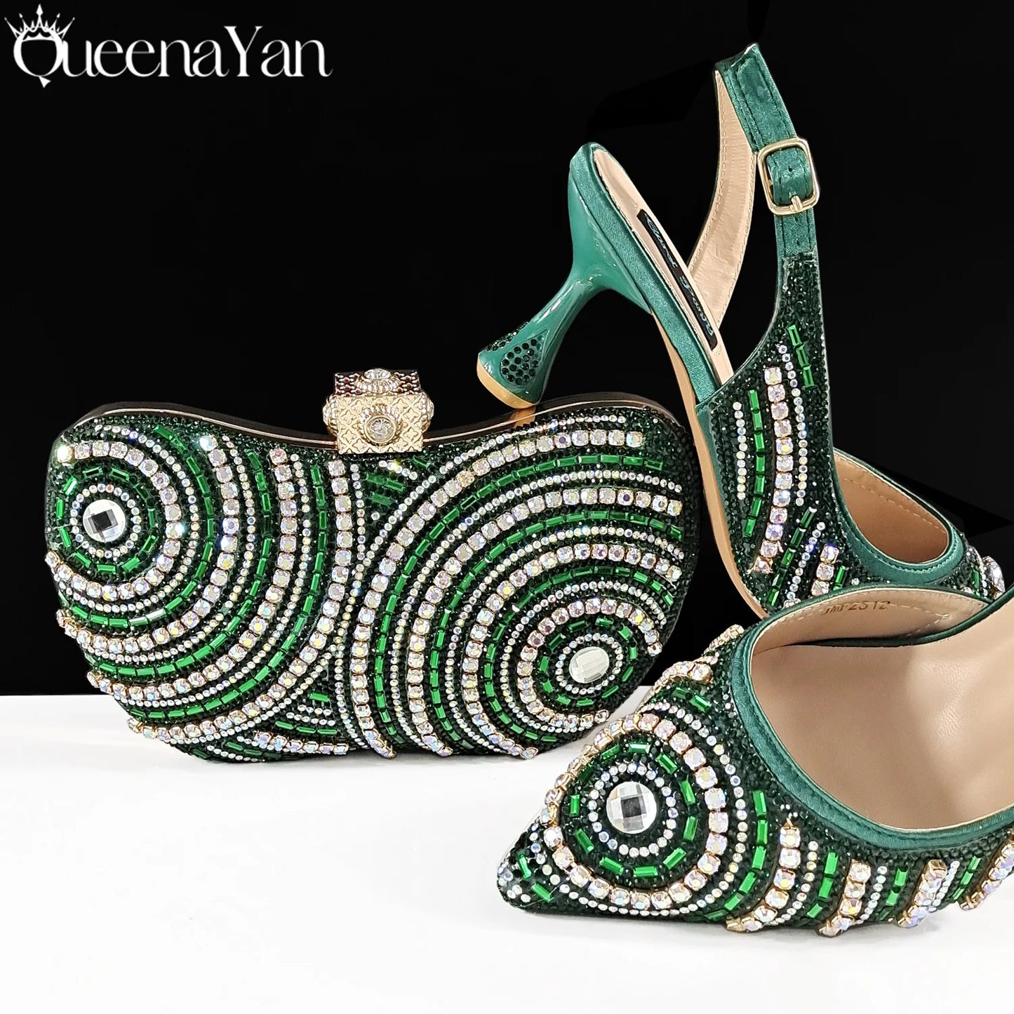 Queena Yan Nigerian Heel Party for Women Silver Color Shoes and Bag Set Rhinestone Handbag Italian Design Wedding INS 2025