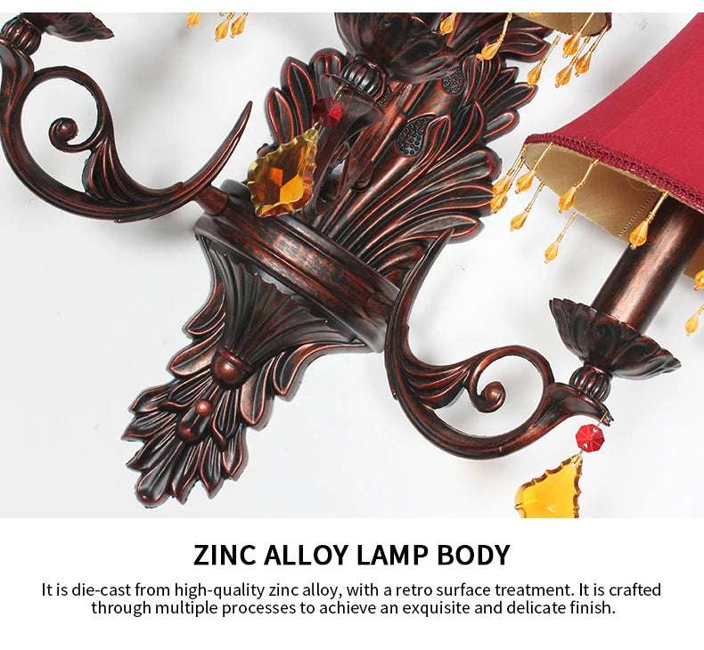 Retro American European Iron Art Red Cloth Crystal Wall Lamp for Hall Restaurant Bedroom Walkway Hotel Bar Decorative Wall Light