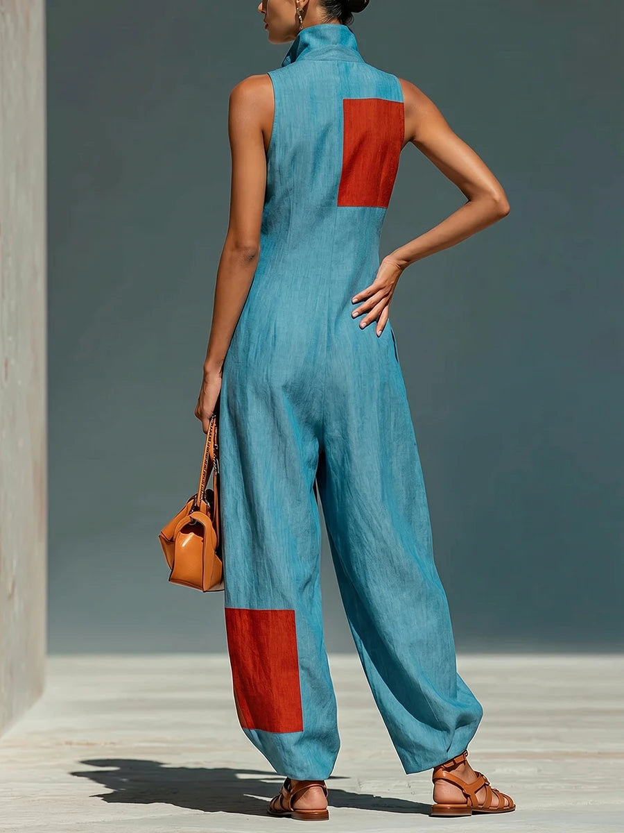 Modigirl Women Contrast Color Lapel Jumpsuit Sleeveless Wide Leg Loose Pocketed Casual Outfits Women's Jumpsuits woman clothes