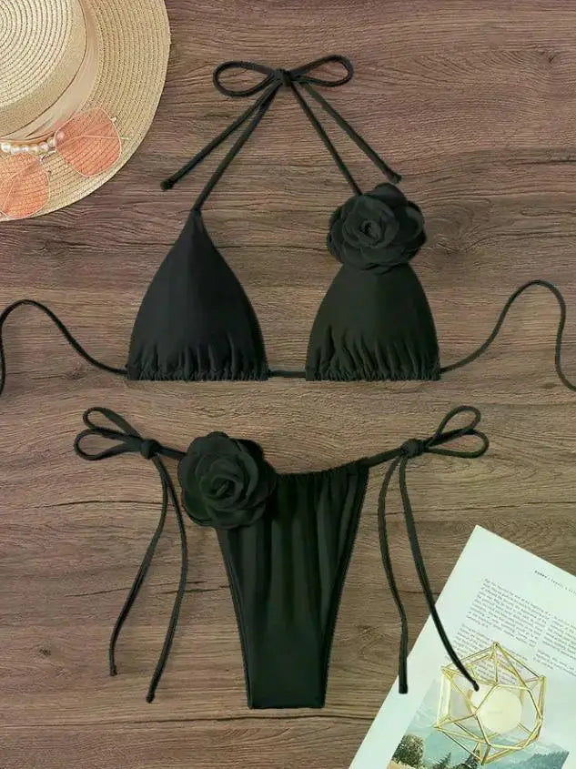 2026 S-L Sexy 3D Flowers Halter Strappy Bikini Women Swimwear Female Swimsuit Two-pieces Bikini Set Bather Bathing Suit Swim