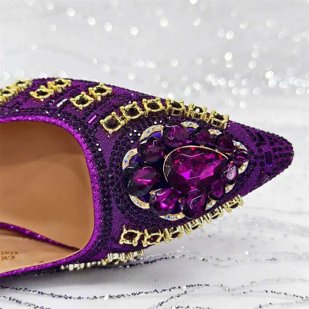 New Arrival Fashion Rhinestone Design Dreamy Color Pointed Toe Women High Heels and Bag Set For Party Wedding or Work