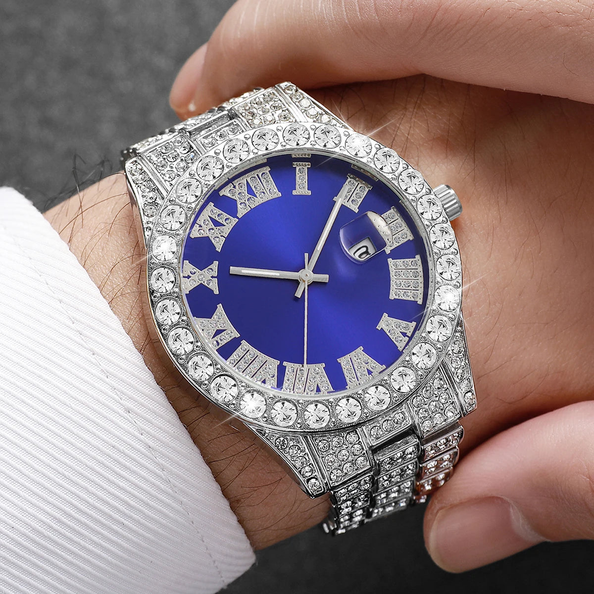 3PCS/Set Fashion Men Watches Luxury Rhinestone Roma Dial Quartz Watch Calendar Clock for Man Gifts Reloj Hombre（Without Box）