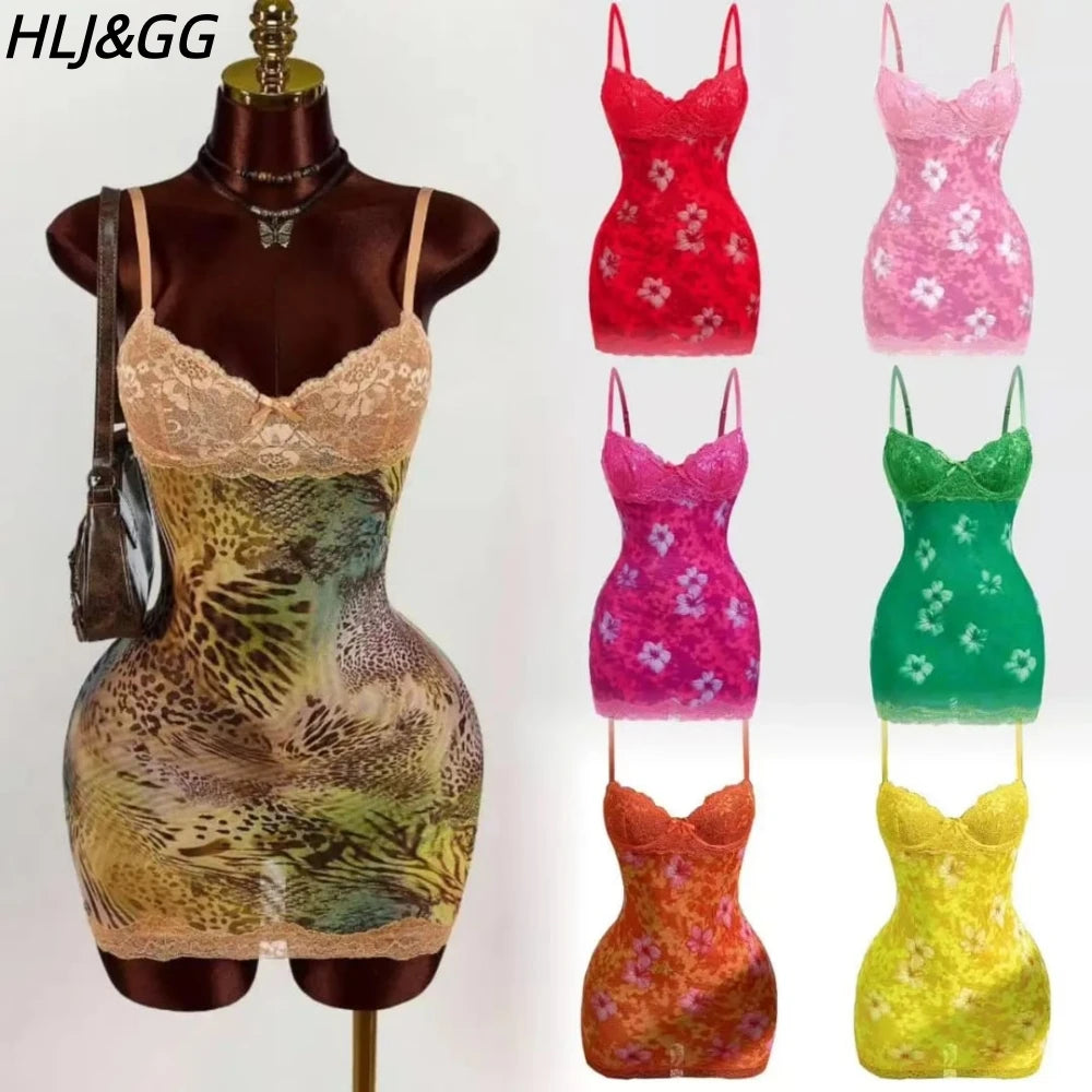 HLJ&GG Sexy Leopard Print Lace Spaghetti Strap Bodycon Mini Dresses Women Sleeveless Backless Slim Vestidos Summer New Clothing